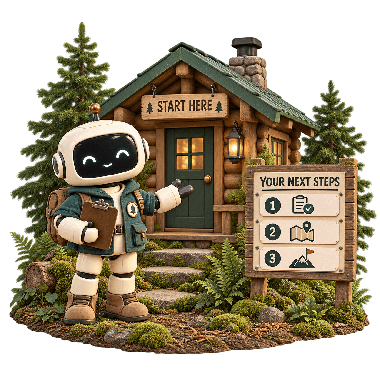 A robot guide at a forest cabin marked Start here, holding a clipboard beside a Your next steps board with three numbered starting points.